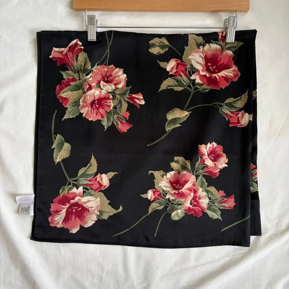 Vintage Talbots 100% Silk Floral Square Scarf Black Pink